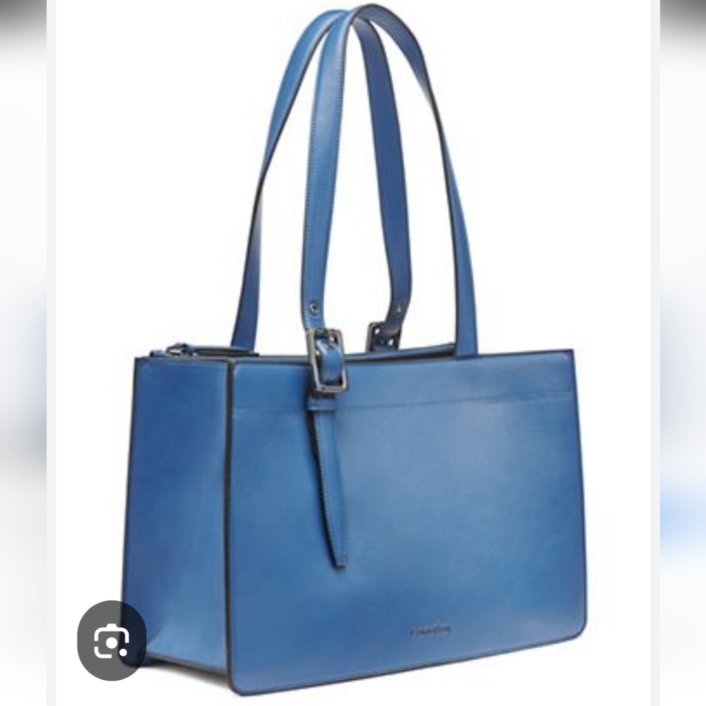 Calvin Klein Denim Blue Leather Tote with Buckle Strap And Roomy Interior. New